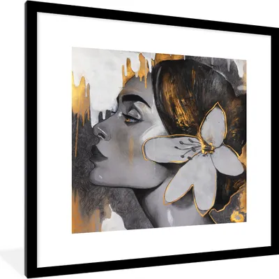 Produktbild von MuchoWow® Gerahmtes Poster Gemälde - Ölgemälde - Frau - Blume - Gold 40x40 cm - Poster mit Schwarzem Bilderrahmen Wandposter Rahmen Foto Bilder - Poster - Plakat im Rahmen