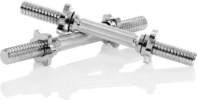 Two chrome dumbbells are crossed on a white background.