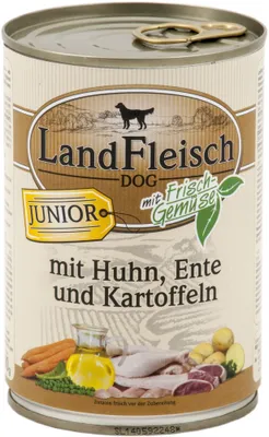 Produktbild von Landfleisch Classic Junior Huhn & Ente & Kartoffeln Mit Frischgemüse, Junior, jede Rasse, Huhn, Ente, Kartoffel, Gemüse, 400 g, Ohne Soja