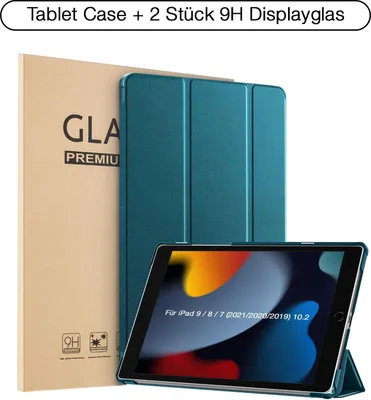 Produktbild von Schutzhülle + 2x 9H Display Glas für iPad 7/8/9 Generation 10.2 Zoll Cover Case Schutz Tablet Farbe: Blaugrün
