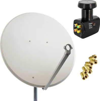 A satellite dish and its accessories are displayed against a white background.