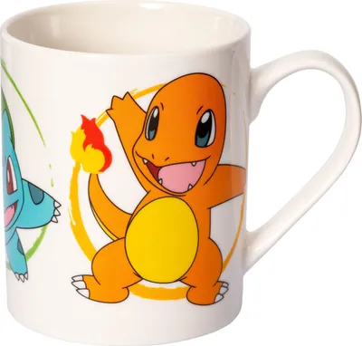 A white ceramic mug with cartoon characters printed on it.