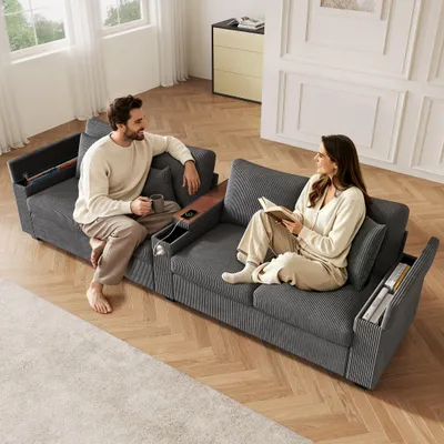 Zdjęcie produktu dla 4-osobowa sofa Merax, sofa wypoczynkowa z USB i Type-C, 2 poduszki, podłokietnik ze schowkiem, nowoczesna sofa tapicerowana sztruksem, do biura i salonu, szara