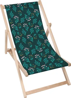 A foldable wooden deck chair with a floral pattern.