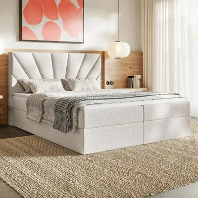 Produktbild von MOTIVENA Aspen Boxspringbett 140x200 Weiß Boucle (Catch Me 01), Bonellfederkern-Matratze (H4), T28 Komfortschaumstoff Topper (H3)