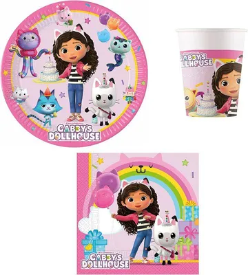 Immagine prodotto di Set per feste "Gabby's Dollhouse" per compleanni dei bambini, 52 pezzi: piatti, bicchieri, tovaglioli, decorazioni di compleanno