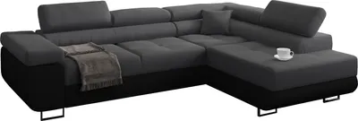 Produktbild von Ecksofa mit schlaffunktion und bettkasten, Sofa L-form, Couch L-form Webstoff  Dunkelgrau + Schwarzes  Ottomane Rechts