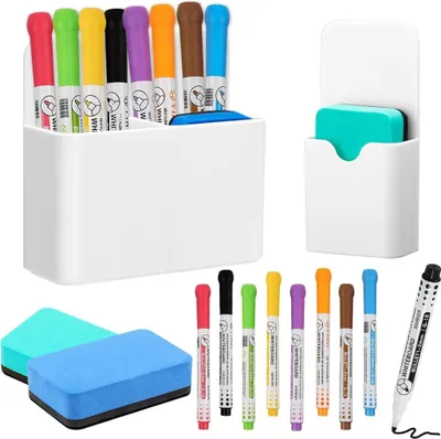 Produktbild von Whiteboard Zubehör-set, 2 Magnetische Stifthalter,2 Whiteboard Schwamm, 8 Whiteboard Marker,Magnetischer Markerhalter für Zuhause Büro Schule