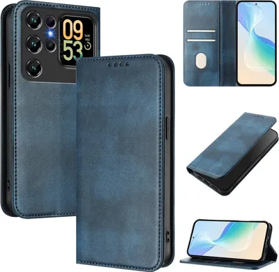 Image de Housse de téléphone portable pour Oukitel C62 / C62 Pro, Vintage Cuir RFID Protection Porte-carte Stand Fonction Housse magnétique à rabat Bleu
