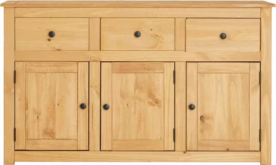 Produktbild von Sideboard CANCUN aus Massivholz - Landhaus Stil, mit 3 Türen und Schubladen, moderne Anrichte aus Kiefer massiv mit gebeizter gewachster Oberfläche