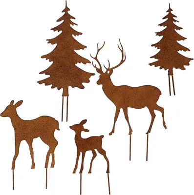 Metal garden stakes shaped like deer and pine trees, with a rust patina finish.