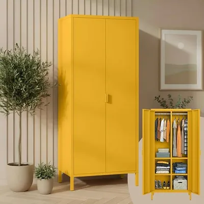 Productafbeelding van Ituri metalen kast in mostergele kleur – Kledingkast met 6 vakken en 2 kledingroedes – Garderobekast voor de hal, 80 cm breed – Slaapkamerkast in industriële stijl – Stalen kast voor woonkamer en kantoor