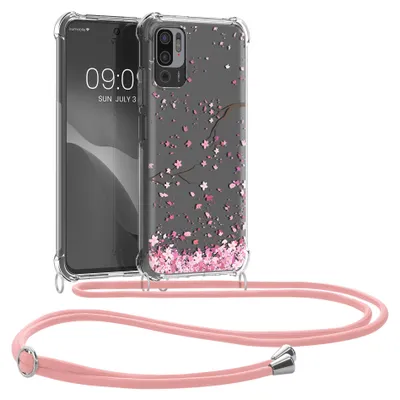 Produktbild von kwmobile Necklace Case kompatibel mit Xiaomi Redmi Note 10 5G Hülle - Silikon Cover mit Handykette - Rosa Dunkelbraun Transparent Kirschblütenblätter