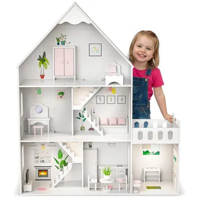 Produktbild von Großes Holz-Puppenhaus 118 cm mit LED und Möbeln – 3 Etagen, 7 Zimmer, Terrasse und Zubehör