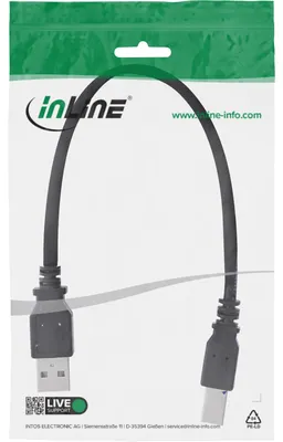 Produktbild von InLine USB 2.0 Kabel, A an B, schwarz, 0,5m, 0,5 m, USB A, USB B, Stecker/Stecker, 0,48 Gbit/s, Schwarz