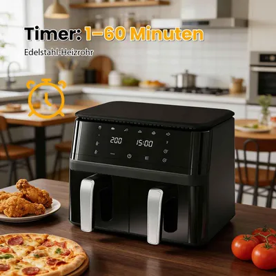 Image de Cozyverge, friteuse à air chaud de 9 litres, 2 paniers, double panier, écran tactile, 80-200 degrés, noire