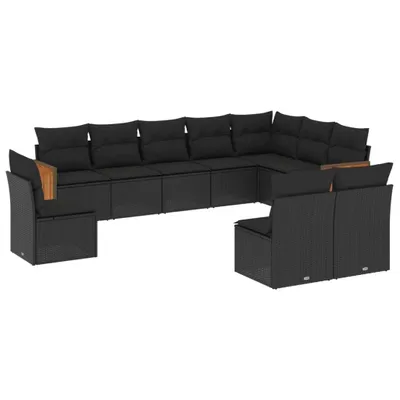 Produktbild von Garten-Sofagarnitur, 10-teiliges modulares Lounge-Set mit abnehmbaren Kissen, UV-beständiges Poly Rattan & pulverbeschichteter Stahl, Schwarz