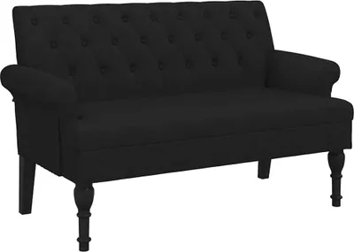 A studio shot of a black loveseat.