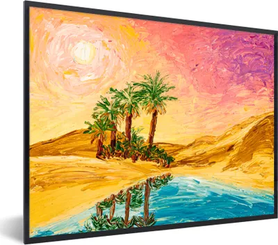 Produktbild von MuchoWow® Gerahmtes Poster Gemälde - Öl - Palme - Natur - Wasser 80x60 cm - Poster mit Schwarzem Bilderrahmen Wandposter Rahmen Foto Bilder - Schwarzem - Mit Gestell