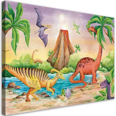 Produktbild von Leinwandbild Dinosaurier am See 60x40 Feeby Orange bild für die wand bereit zum aufhängen