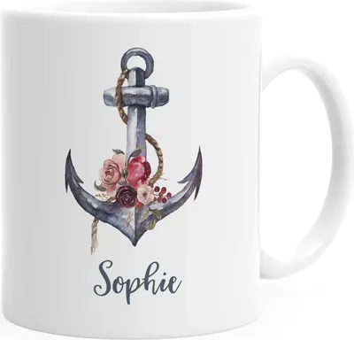 Produktbild von personalisierte Kaffee-Tasse mit Namen Anker Blumen Namenstasse persönliche Geschenke SpecialMe® weiß Keramik-Tasse