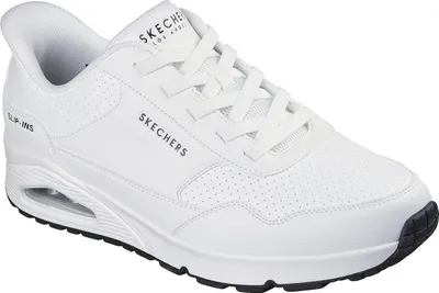 A white Skechers sneaker is shown from a side angle against a white background.