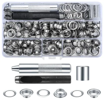 Image de Kit d'œillets - 120 pièces, comprenant une pince à œillets et un outil de poinçonnage - Pour les tissus, le cuir, les bâches et les rideaux - Œillets en métal de 10 mm