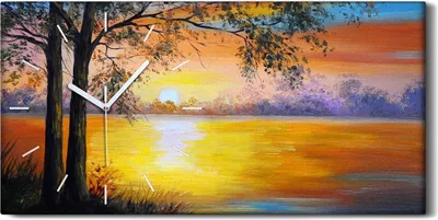 Produktbild von Wanduhr Uhr Wandbild Leinwand 60x30 Bild Landschafts Baum am See malen - weiße Hände