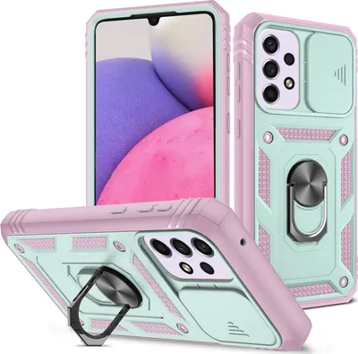 Obrázek produktu pro Pouzdro pro Samsung Galaxy A33 5G posuvná ochrana kamery, robustní nárazuvzdorné, s držákem prstenu, stojánkem a držákem na karty Růžová Zelená
