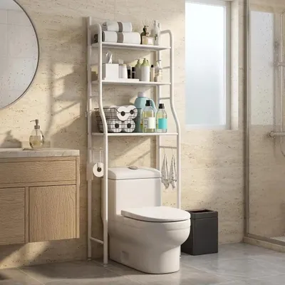 Produktbild von Toilettenregal über WC - Badezimmerregal - Freistehend - 3 Ebenen - Ohne Bohren - Metall - 92 x 6,5 x 27 cm - Weiß