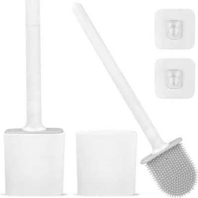 Productafbeelding van Siliconen toiletborstelset, geschikt voor wandmontage of plaatsing op de vloer, 2 stuks, wit, milieuvriendelijk.