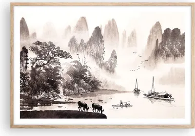 Produktbild von Gerahmtes Poster - Rahmen in heller Eiche - Chinesisch Landschaft Aquarell - 91,5x61 cm - Wand Bild - Wanddeko - Wandbilder - Wandposter - Bilderrahmen - Bilder - Kunstdruck - Wandbild P2NAA91x61-4265