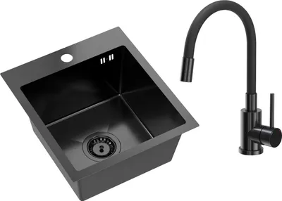 A black stainless steel kitchen sink and a black faucet are shown against a white background.