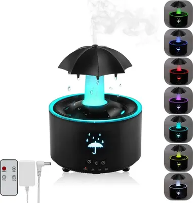 A black humidifier with an umbrella-shaped top, emitting mist, with various colored lights shown on the right side.