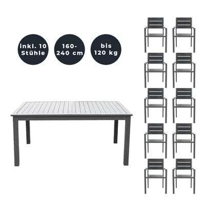 Produktbild von HOME DELUXE - Gartentisch ausziehbar - CASA - ca. 160 (240) x 100 x 74 cm - inkl. 10 Stühlen, Gestell und Tischplatte Aluminium - inkl. Zubehör I Gartenmöbel Ausziehtisch Balkonset