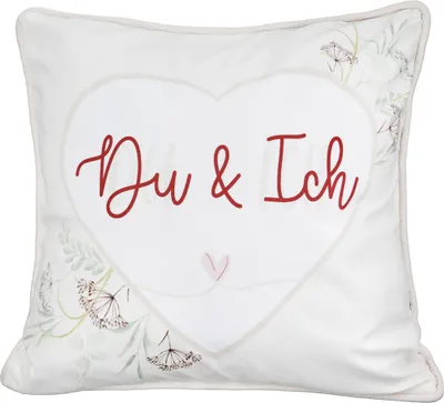 Produktbild von Gilde Kissen, quadratisch, "Du und Ich", Herzmotiv, Schriftzug, Blumenmuster, Polyester, creme, weiß, VE 3, B. 45 cm, H. 45 cm 44903 4063387449035