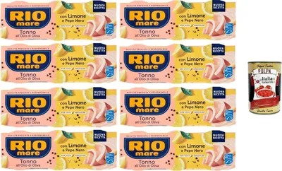 Produktbild von Rio Mare Tonno all’Olio di Oliva con Limone e Pepe Nero Thunfisch in Olivenöl mit Zitrone und schwarzem Pfeffer 8x195gr Packung mit 3 65g-Dosen+ Italian Gourmet polpa 400g