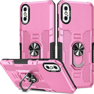Produktbild von iPhone XS Hülle, Dual Layer Robuste Rüstung Ringhalter Ständer Schutzhülle für iPhone X / iPhone XS Pink