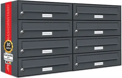 A row of dark gray mailboxes is shown against a light gray background.