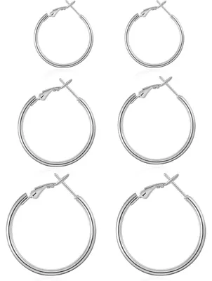 Image de Lot de 3 paires de créoles en acier inoxydable, plaqué or 14 carats, argent, pour femmes, de 30 mm, 50 mm et 60 mm