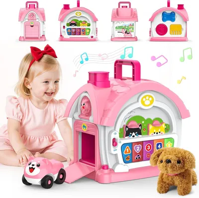 Image de Jouets pour filles de 1 à 12 mois : Jouets Montessori pour bébés de 1 an - 1 maison d'activités multifonctionnelle pour bébé avec une voiture - Musique
