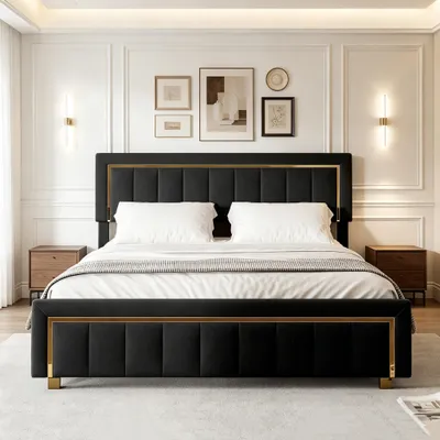 Image de INONEFT, lit rembourré 160x200 cm, lit à lattes avec coffre de rangement, lit pour adolescents avec sommier à lattes, repose-tête réglable, velours, noir
