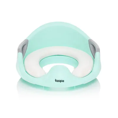 A mint green and gray toilet seat for children, with a white padded insert.