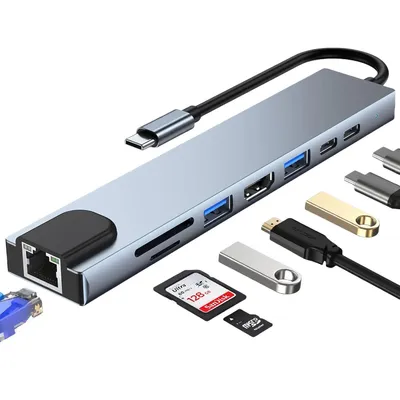 Produktbild von AIORBER USB-C Hub 8-in-1 Adapter mit 4K HDMI, USB 3.0, LAN RJ45, PD 100W, SD/TF Kartenleser, kompatibel mit MacBook, iPad und Laptop