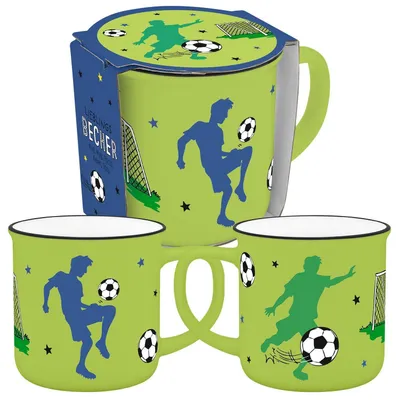 Produktbild von Kinderbecher Fußball-Motiv mit Spruch 350 ml New Bone China Porzellan Emailleoptik