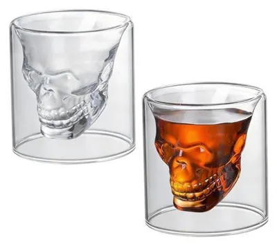 Productafbeelding van 2 stuks glazen bekers met schedelmotief, dubbelwandig, 250 ml, gemaakt van borosilicaatglas