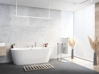 Produktbild von Aluminiowy drążek na zasłonę prysznicową biały 70x165x70 cm bez barier, odpowiedni do wanny, w kształcie litery U, ze wspornikami sufitowymi, z pierścieniami
