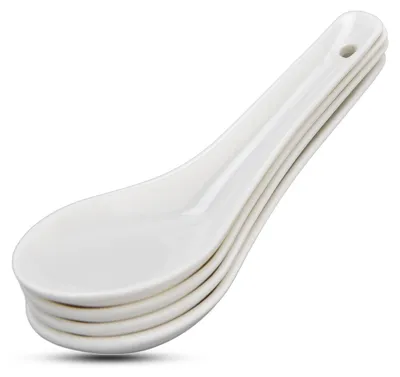 Asiatische Suppenlöffel, Keramik, 4 Stück, weiß, 4 x 13 cm