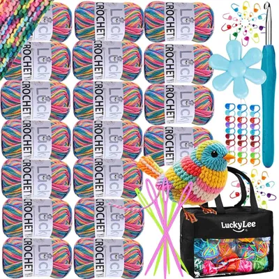 Produktbild von Set mit 18 Häkelgarne, inklusive Tragetasche und Häkelnadeln