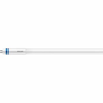 A white LED tube light with blue accents on a white background.